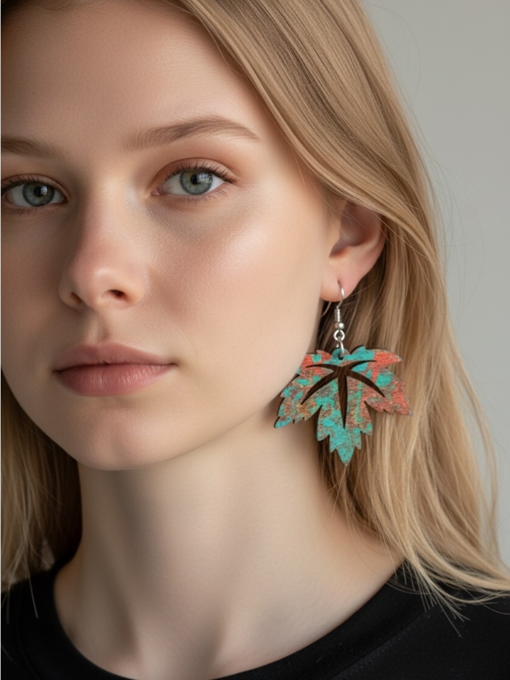 10/10 Artisan Turquoise & Coral Leaf Drop Earrings by